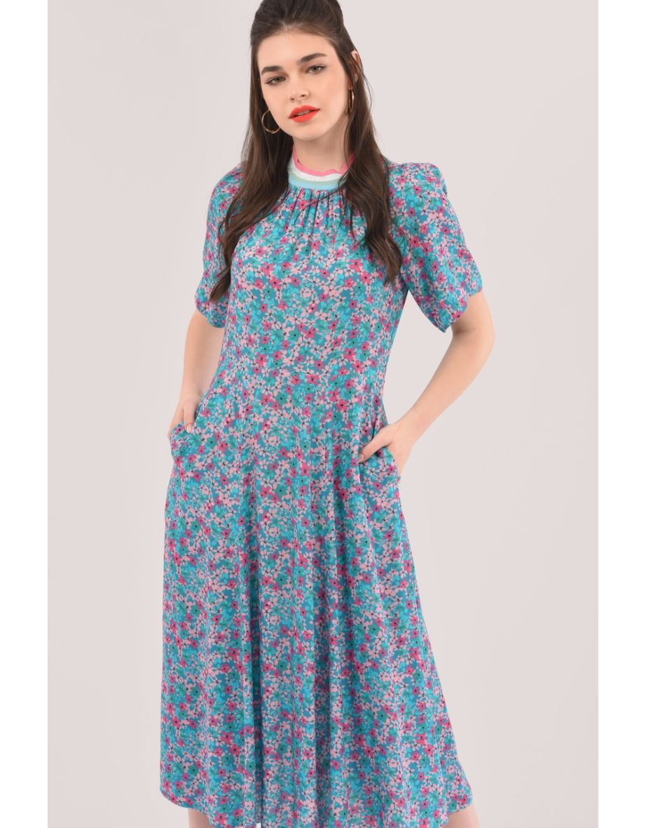 Closet London Blue Rib Neck Full Skirt Dress - 3