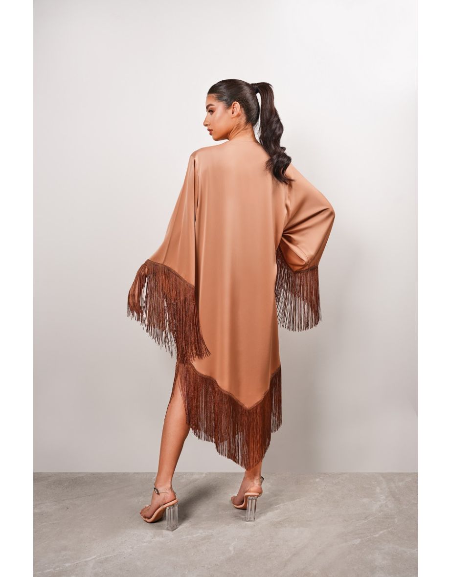 Satin Tassel Midi Dress - Beige - 7