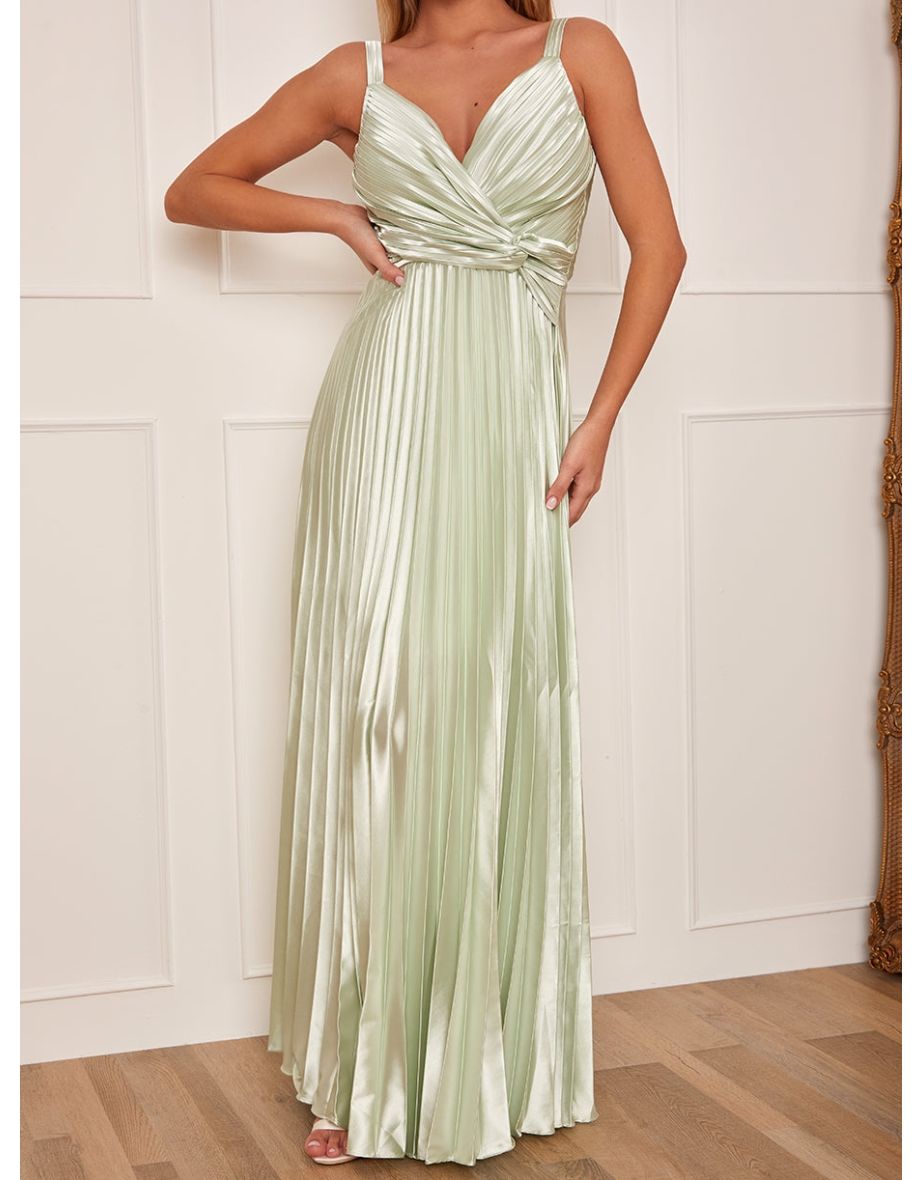Satin Pleated Wrap Maxi Dress in Mint - 4