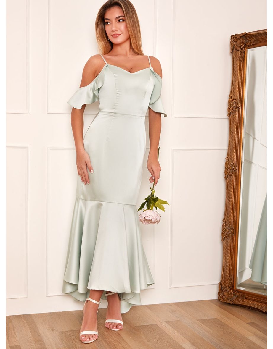 Satin Cami Strap Ruffle Detail Bodycon Dress in Mint