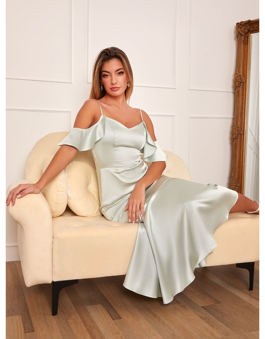 Satin Cami Strap Ruffle Detail Bodycon Dress in Mint - 4