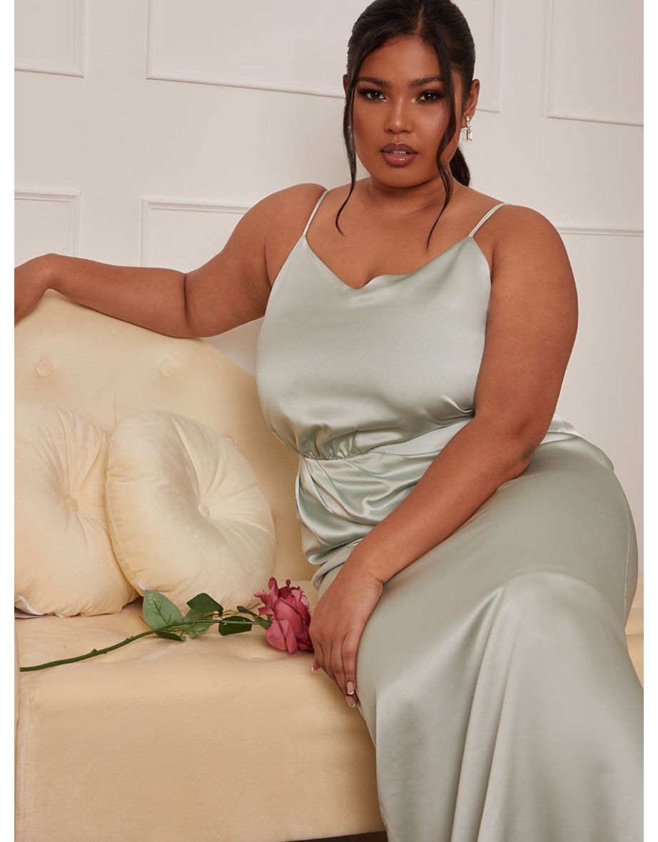 Plus Size Satin Cami Strap Maxi Dress in Mint - 4