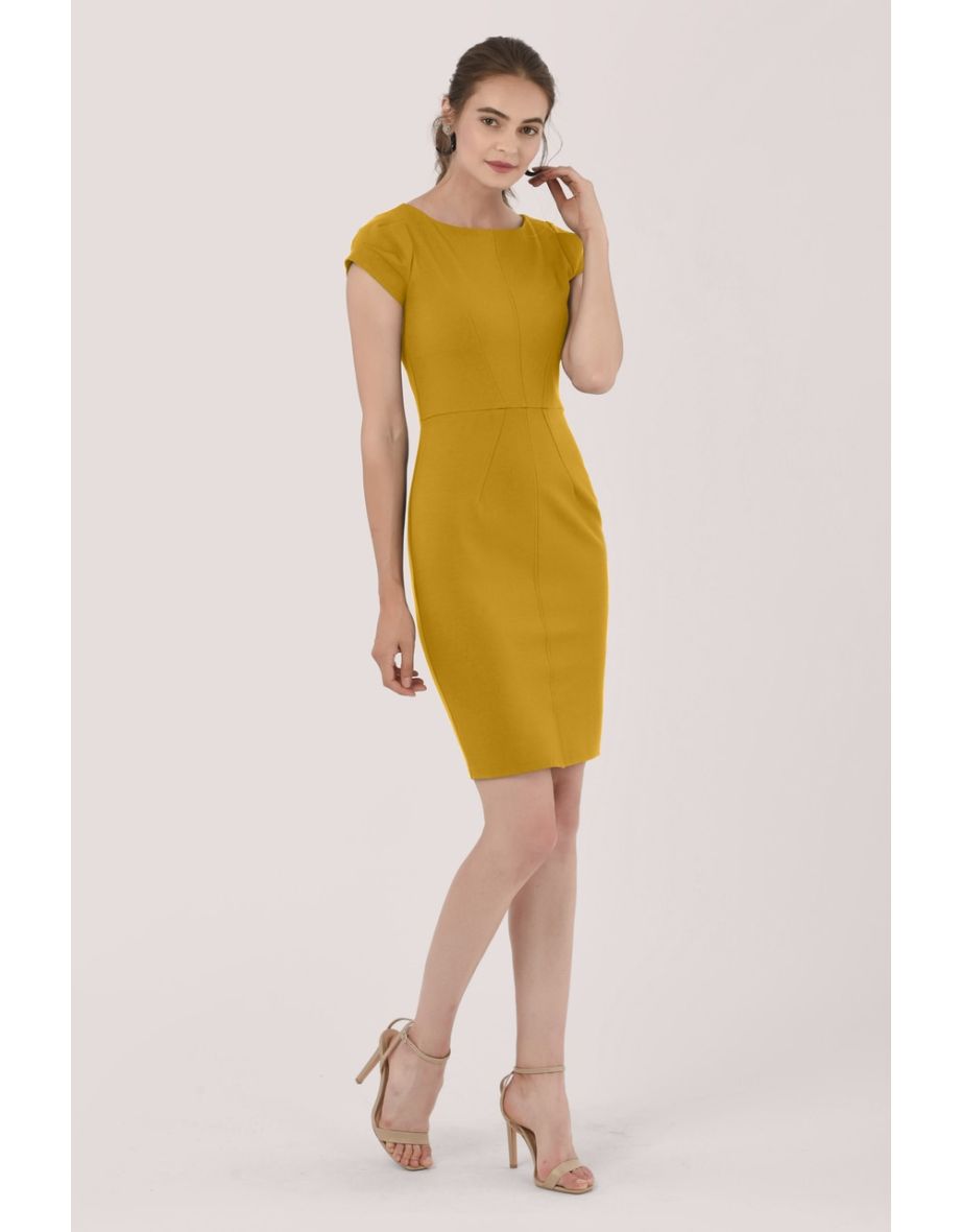 Yellow Pleated Sleeve Pencil Dress