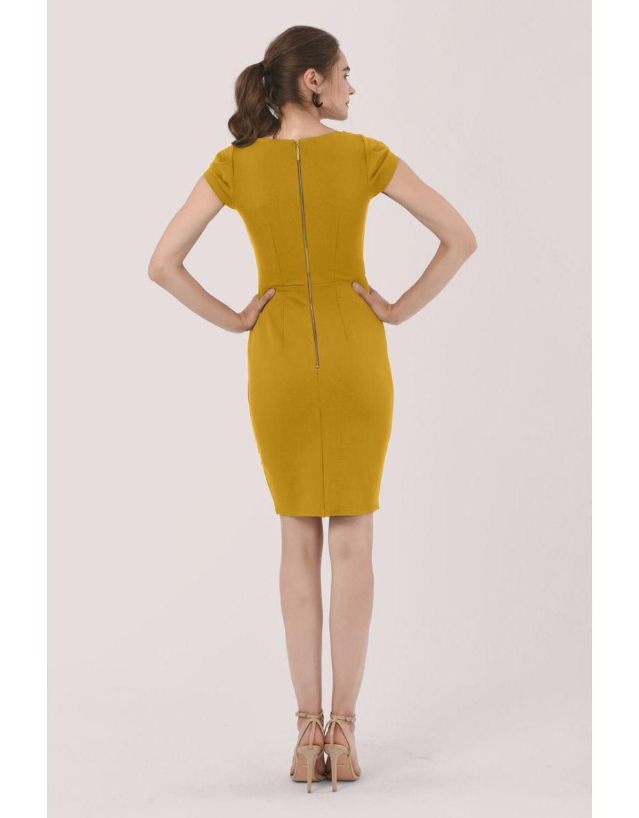 Yellow Pleated Sleeve Pencil Dress - 2