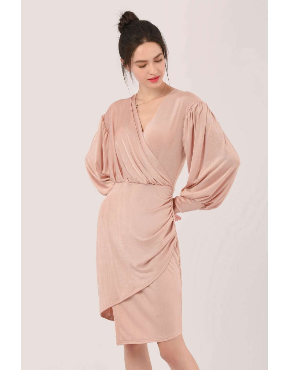 Pink Puff Sleeve Wrap Dress - 3