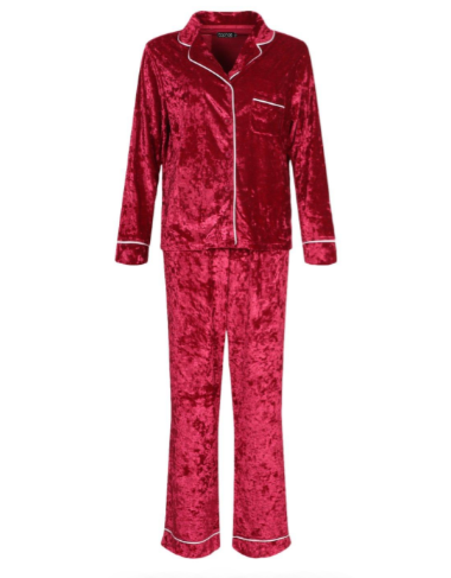 Crushed Velvet Button Through PJ Set - red - 4