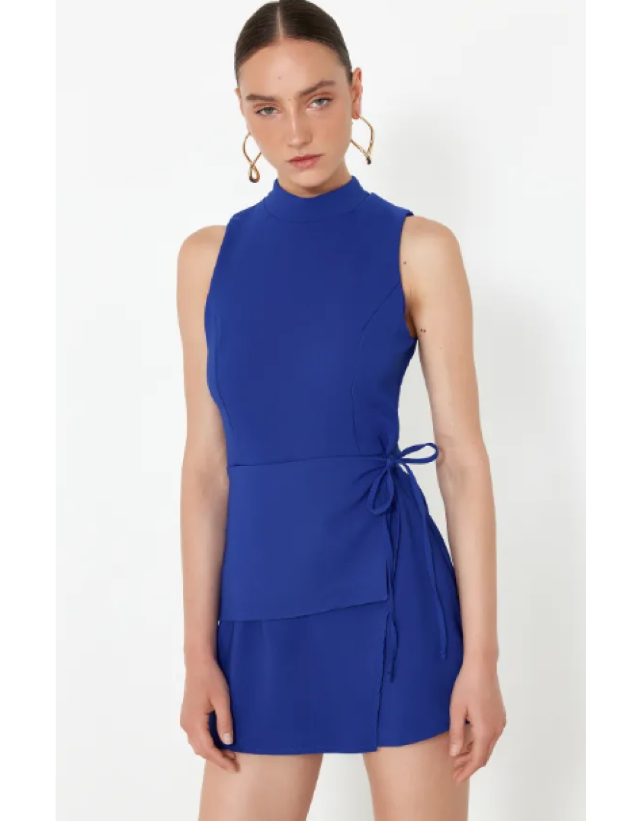 Saks Tie Detailed Mini Woven Shorts Skirt Jumpsuit