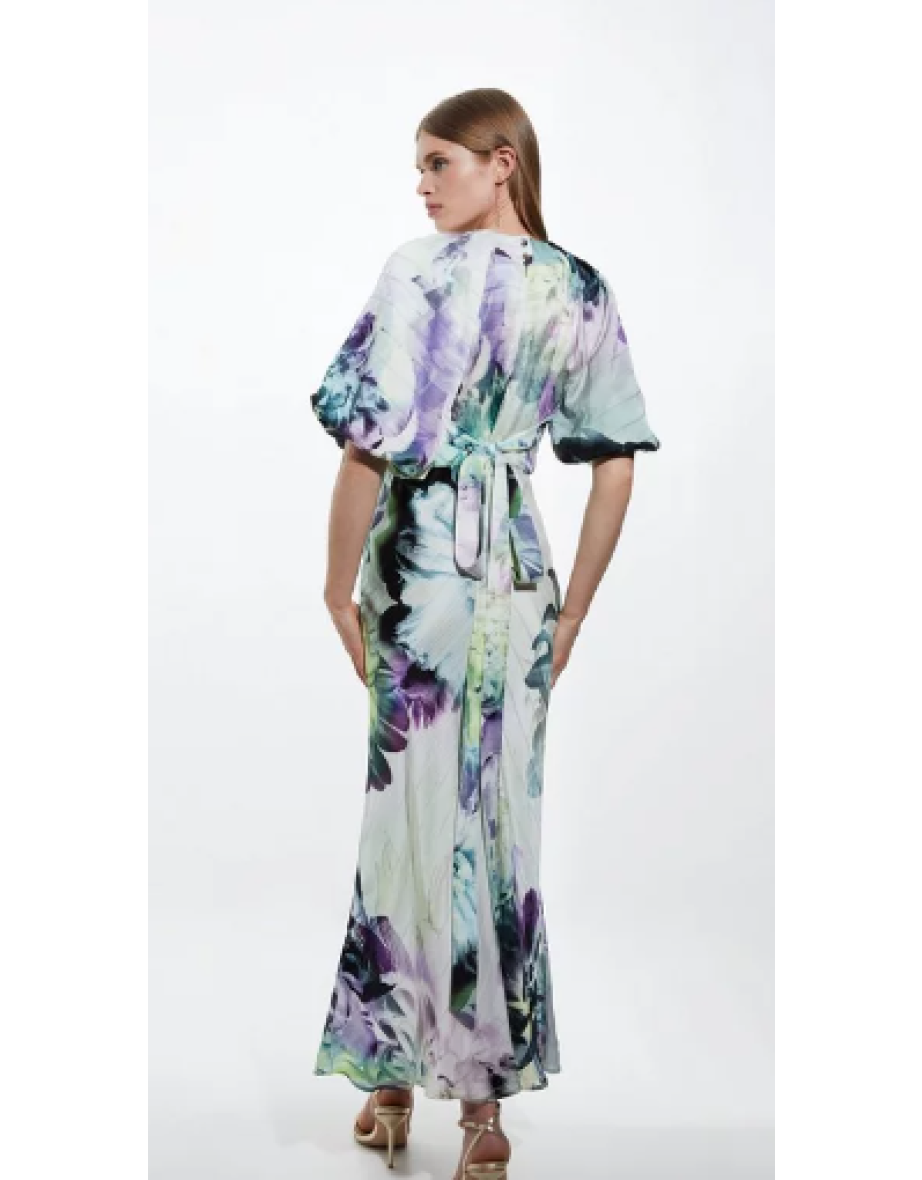 Tall Spring Floral Printed Hammered Satin Woven Maxi Dress - 3