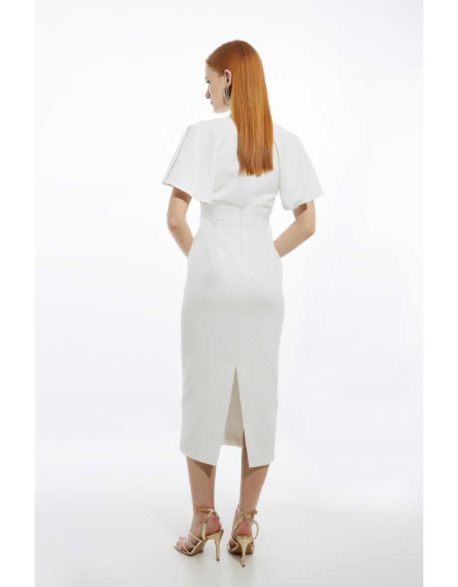 Petite Structured Crepe Ruffle Sleeve Tailored Midi Pencil Dress - 4