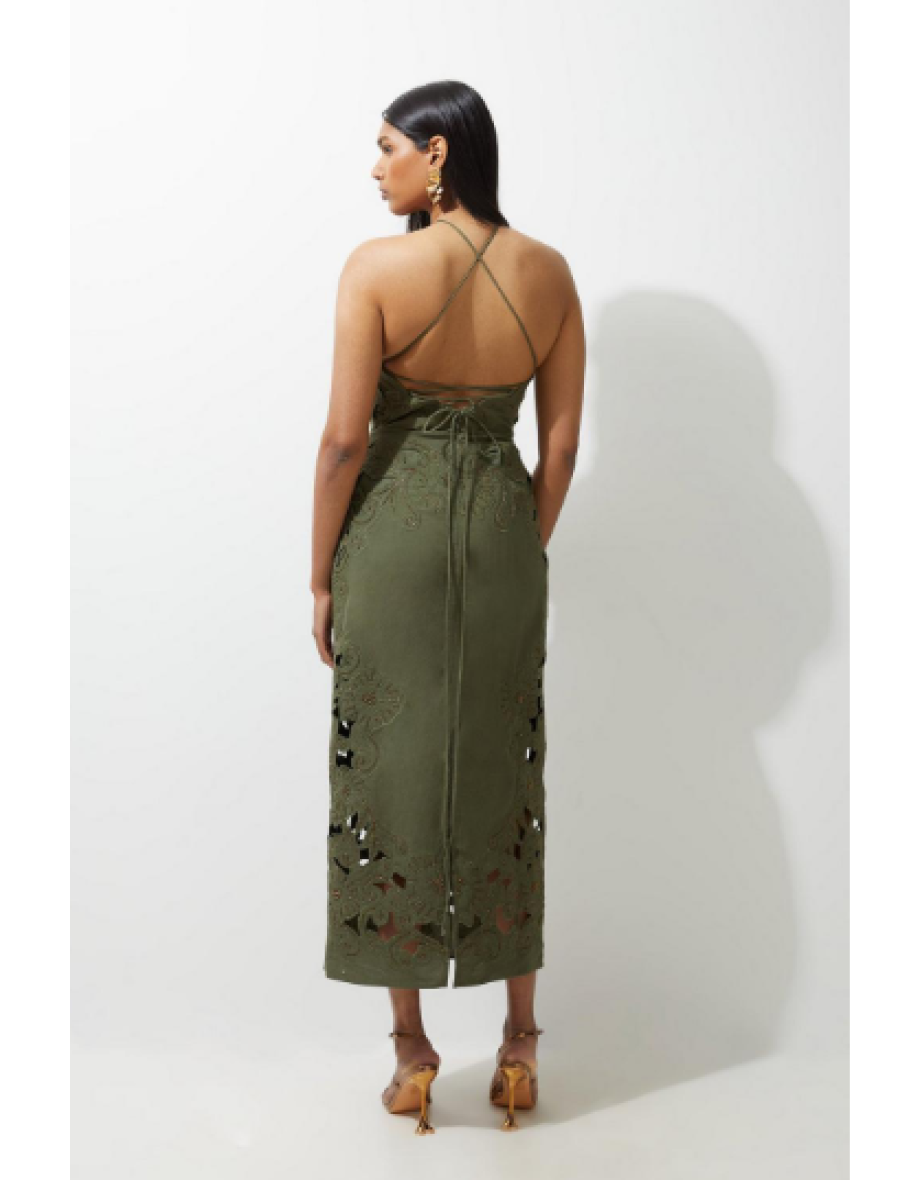 Cotton Quilted Cutwork Beaded Woven Halter Midi Dress - 4
