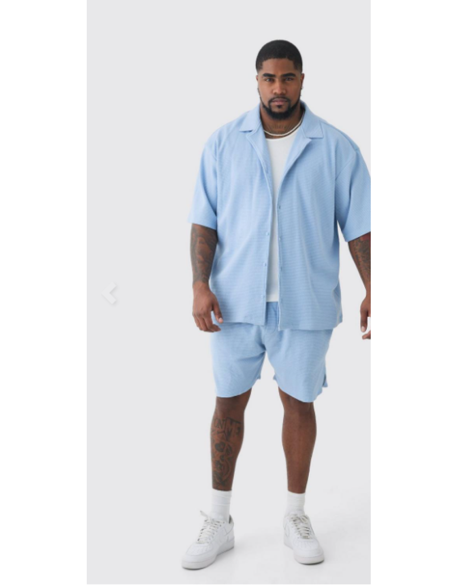 Plus Waffle Short Sleeve Shirt And Short Set - light blue