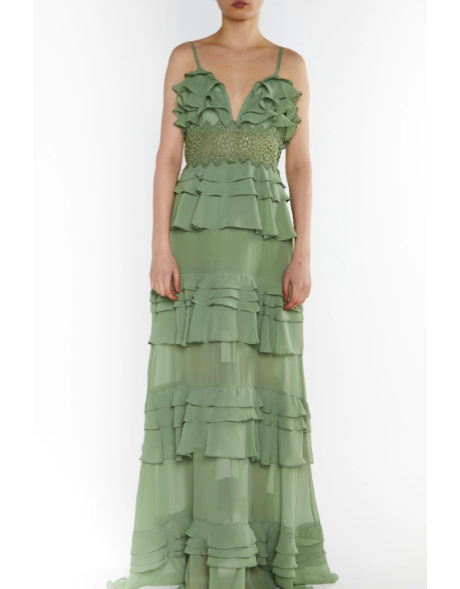 Sophia Sage Green Plunge Front Tiered Ruffle Maxi-Dress
