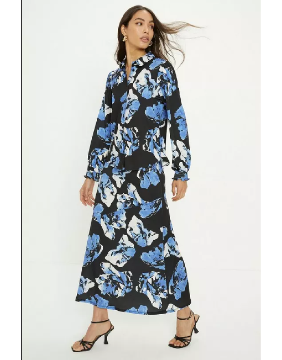 Slinky Jersey Floral Long Sleeve Shirred Cuff Shirt