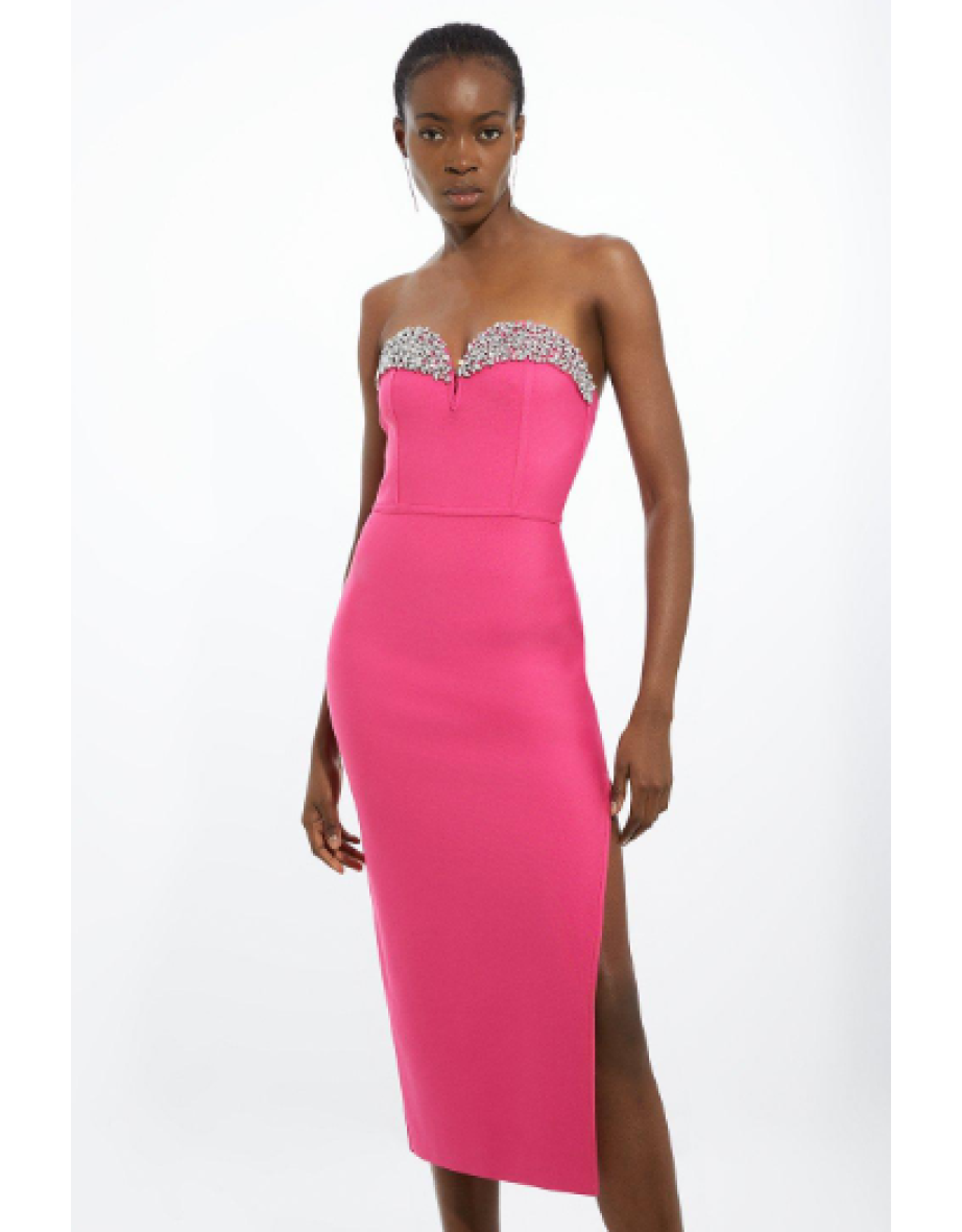 Figure Form Bandage Embellished Corset Style Knit Midi Dress