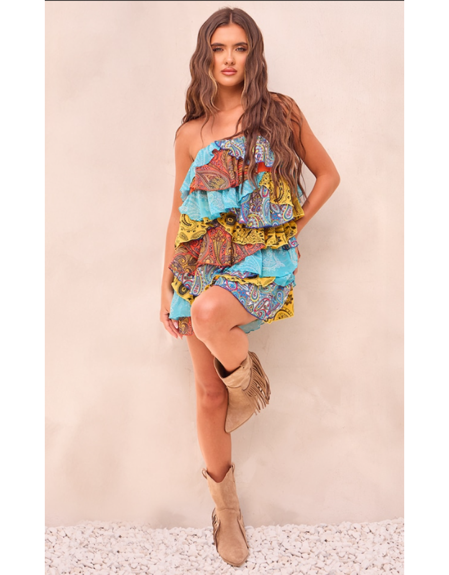 Multi Patchwork Paisley Print Tiered Dress