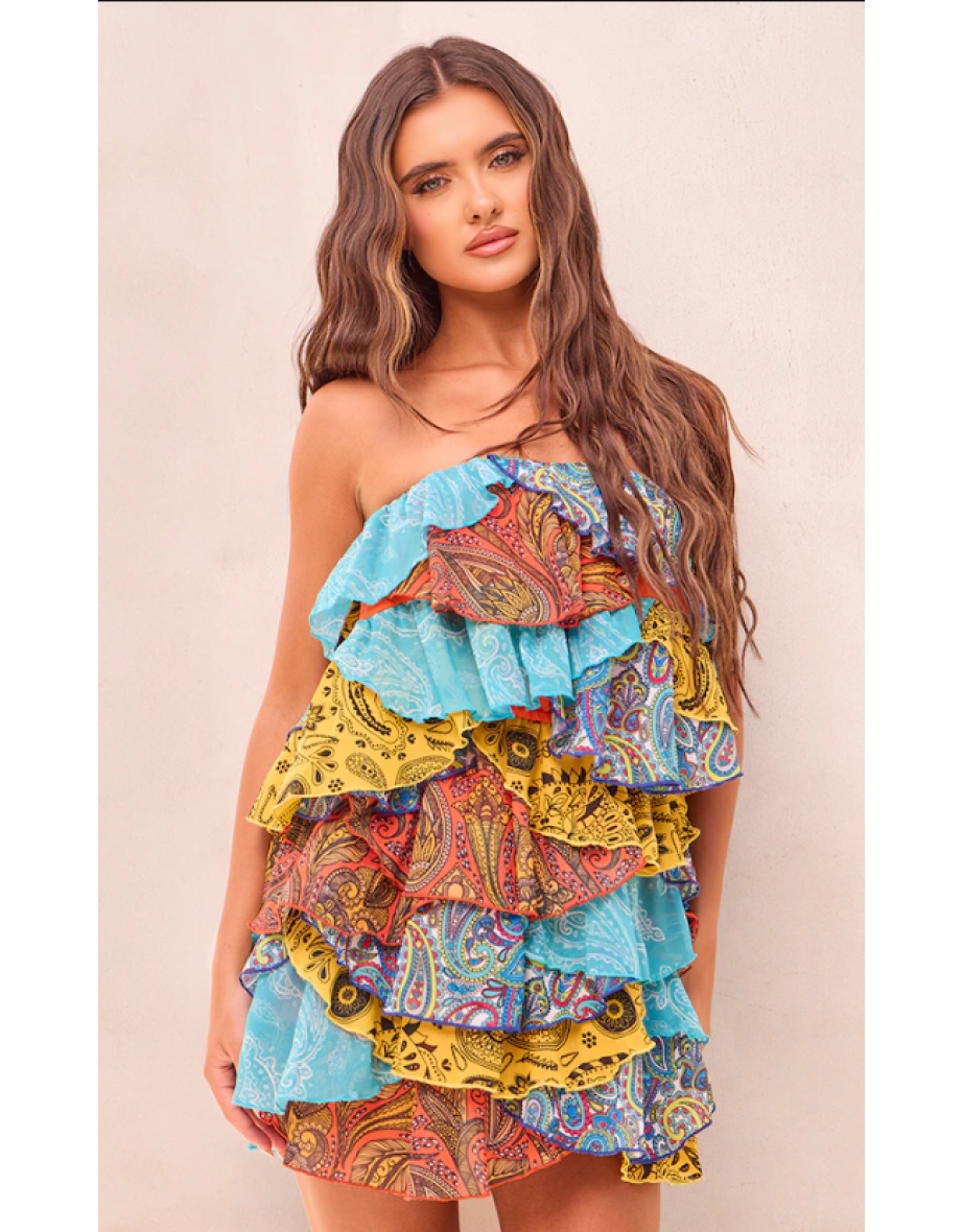 Multi Patchwork Paisley Print Tiered Dress - 3