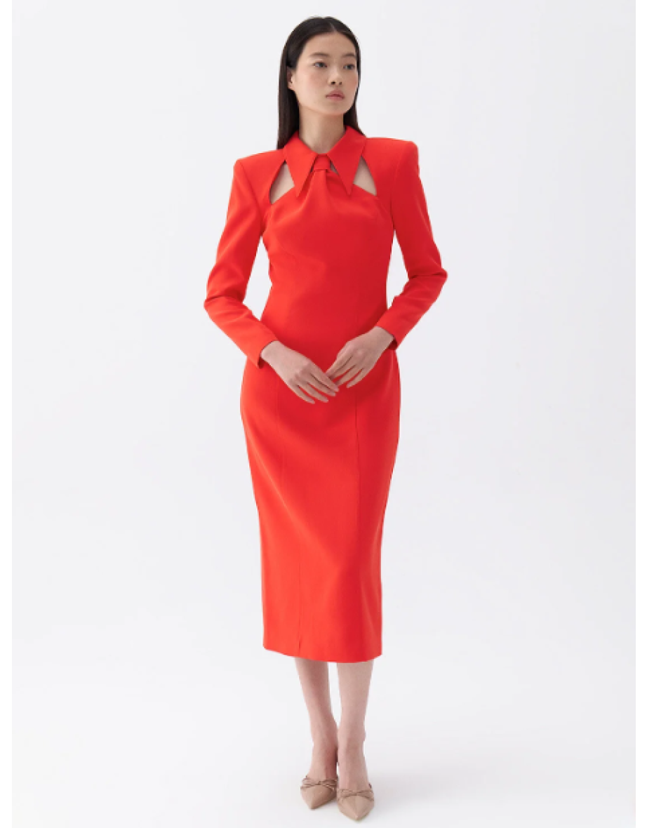 Padded Tie Collar Midi Dress