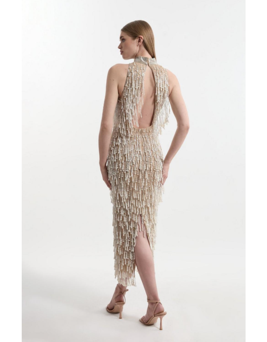 Petite Pearl Tassel Embellished Halter Neck Woven Midi Dress - 3