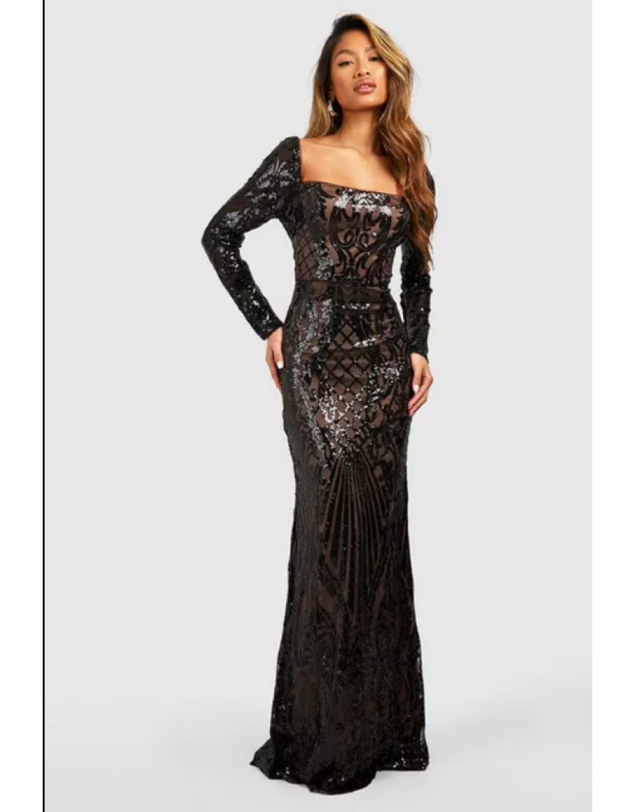 Damask Sequin Fishtail Maxi Party Dress - black