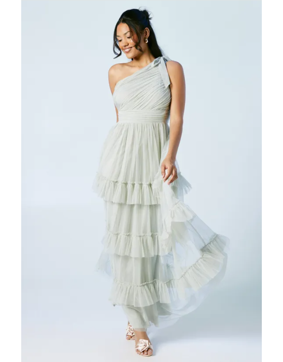 Pleated Mesh One Shoulder Tiered Bridesmaids Dress