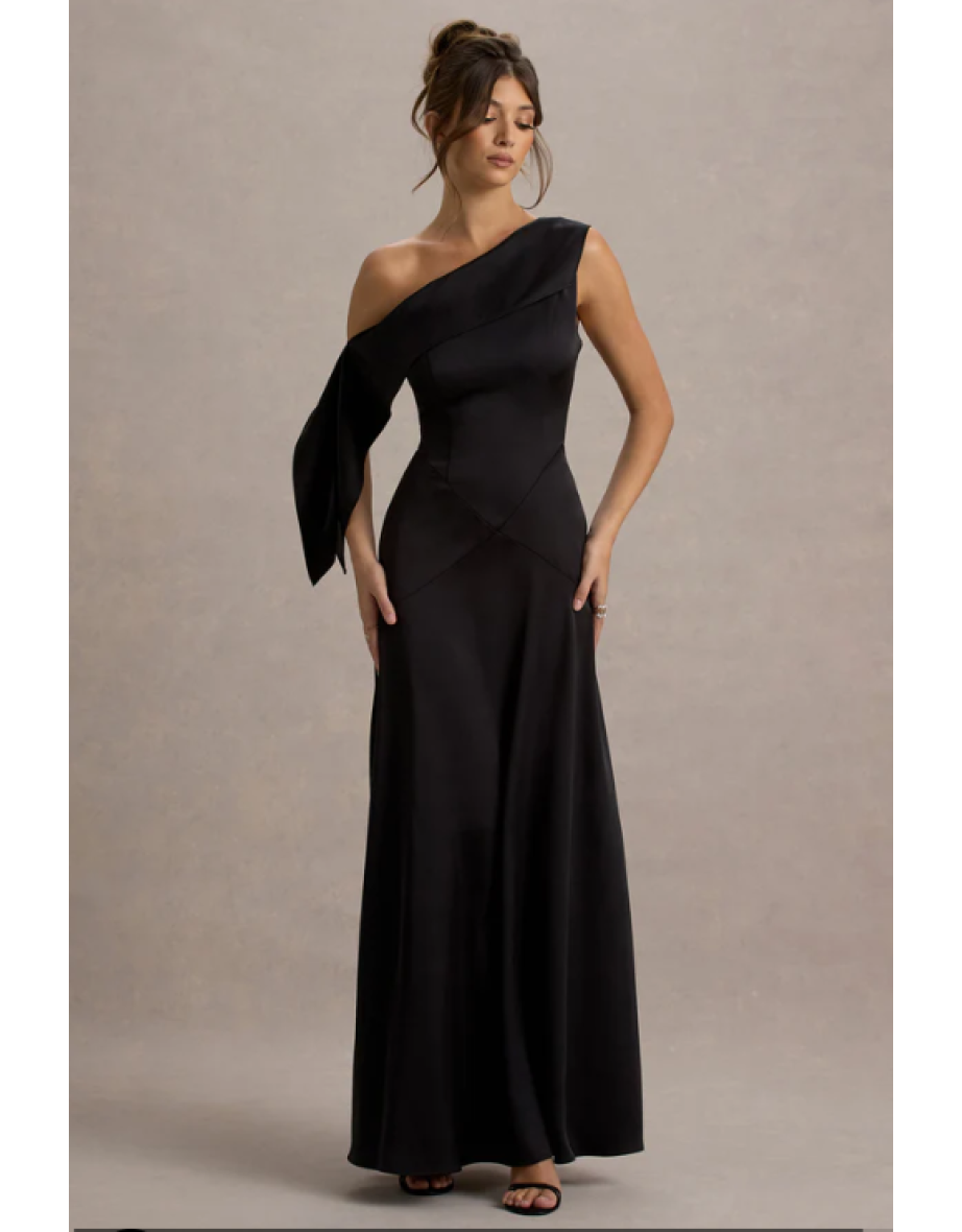 Nicola | Black Satin Asymmetric Bardot Draped Maxi Dress