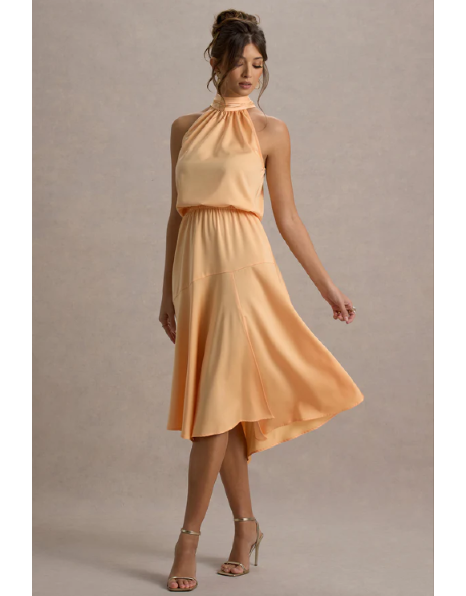 Palonia | Peach Satin High-Neck Split Midi Dress