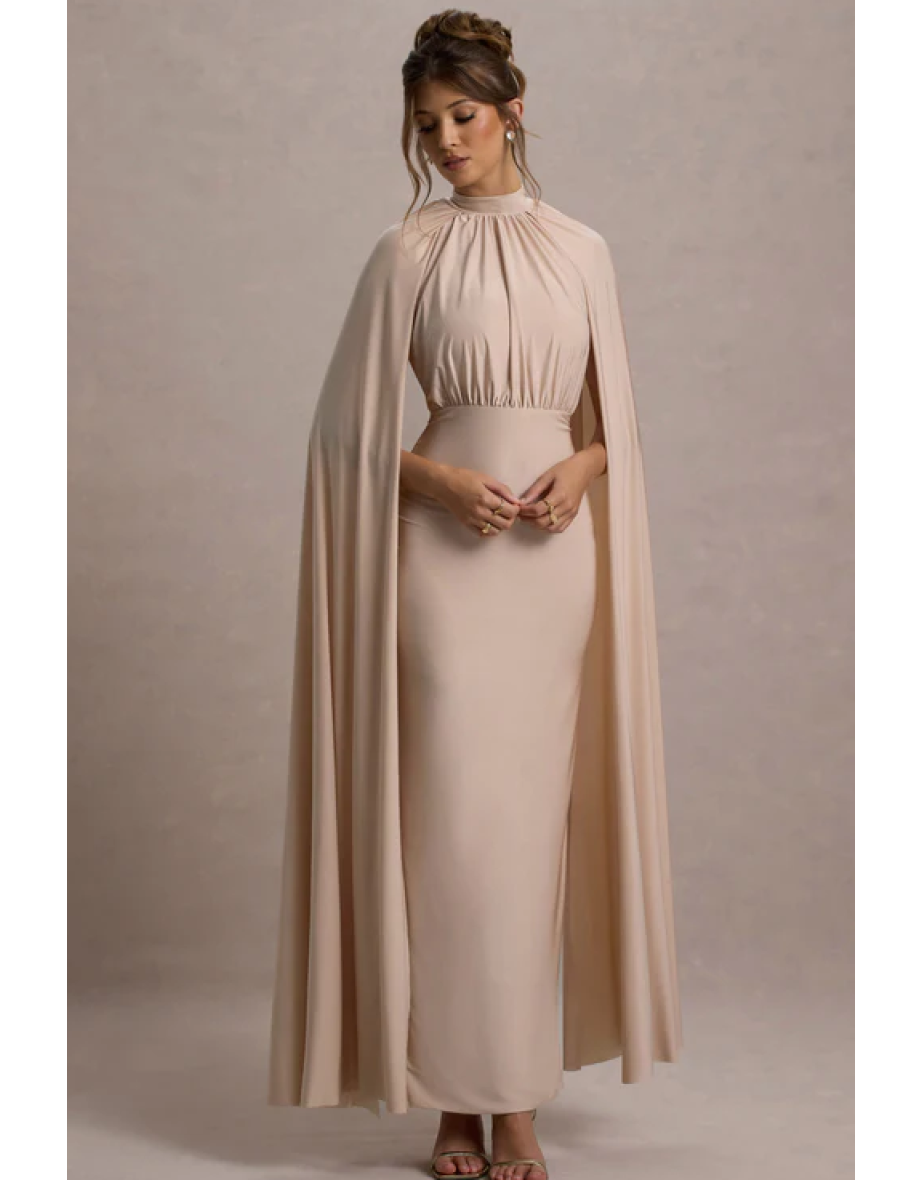 Darielle | Champagne High-Neck Cape-Sleeve Maxi Dress