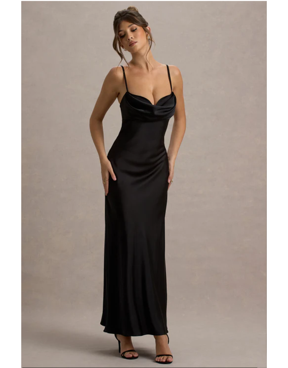 Eimear | Black Satin Draped Sweetheart Maxi Dress