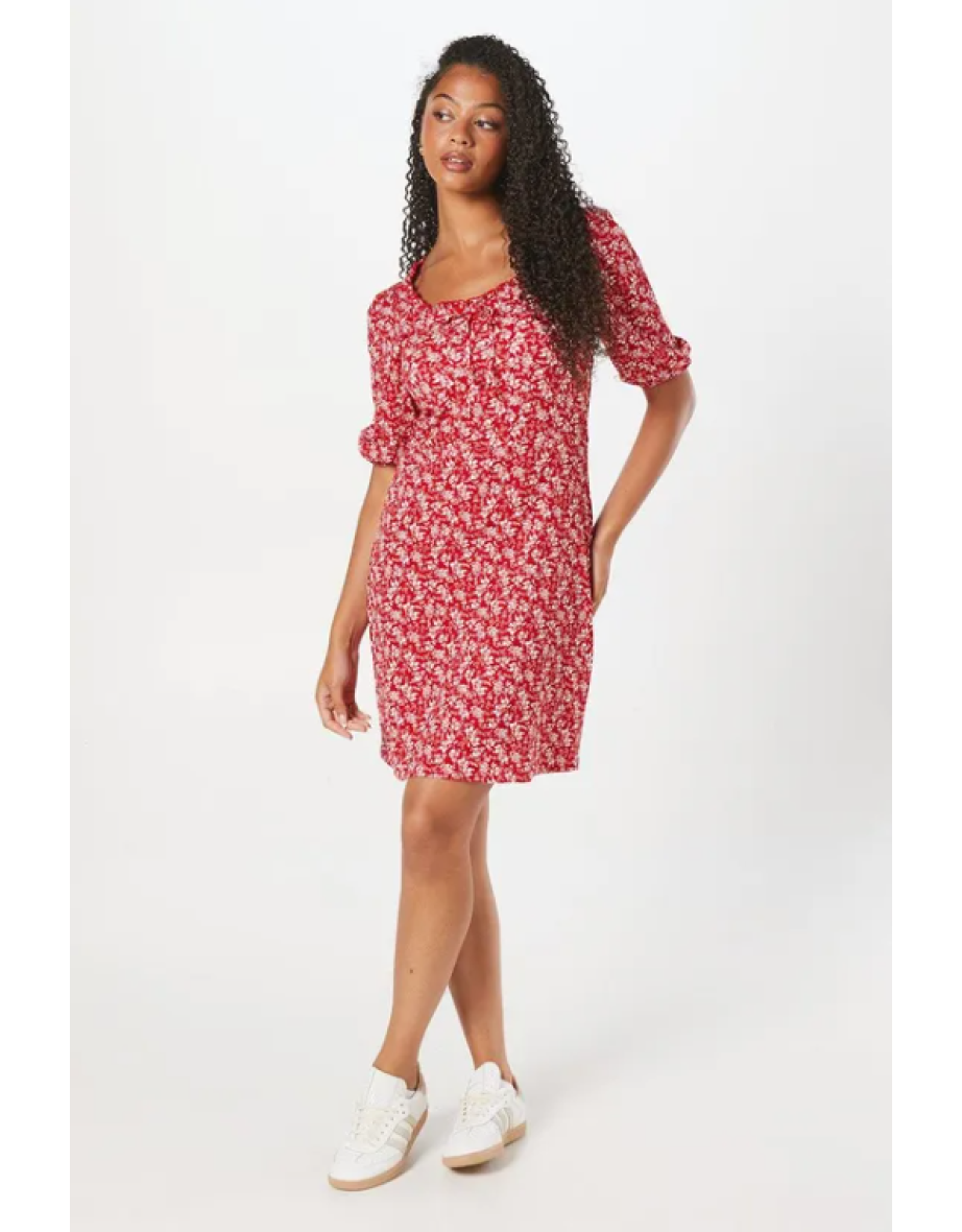 Tall Red Ditsy Ruffle Neck Mini Dress
