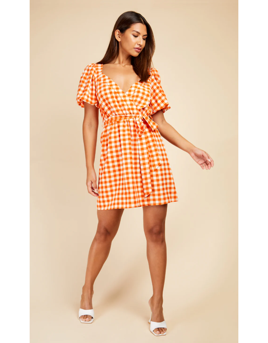 Orange Gingham Puff Sleeve Mini Wrap Dress