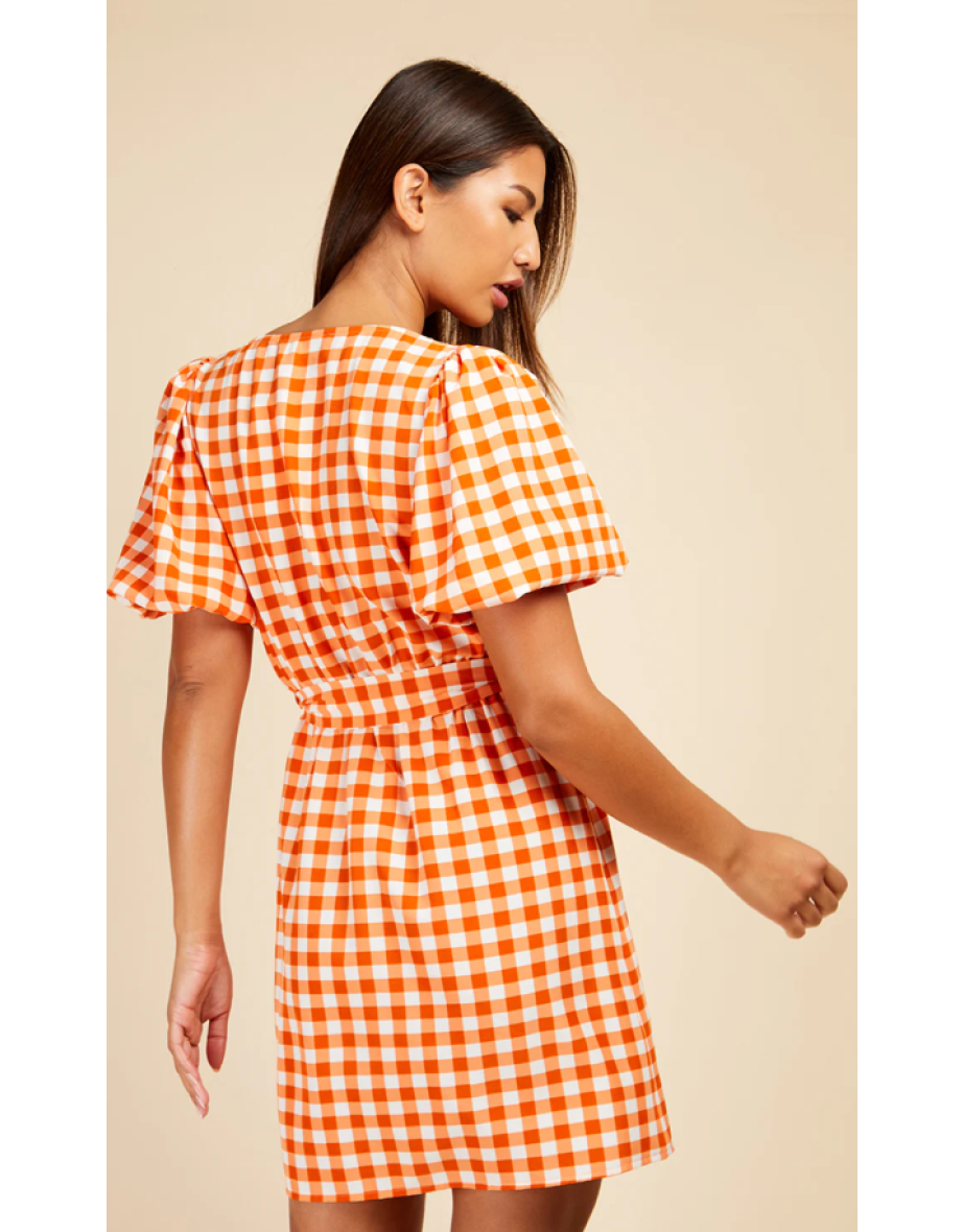Orange Gingham Puff Sleeve Mini Wrap Dress - 3