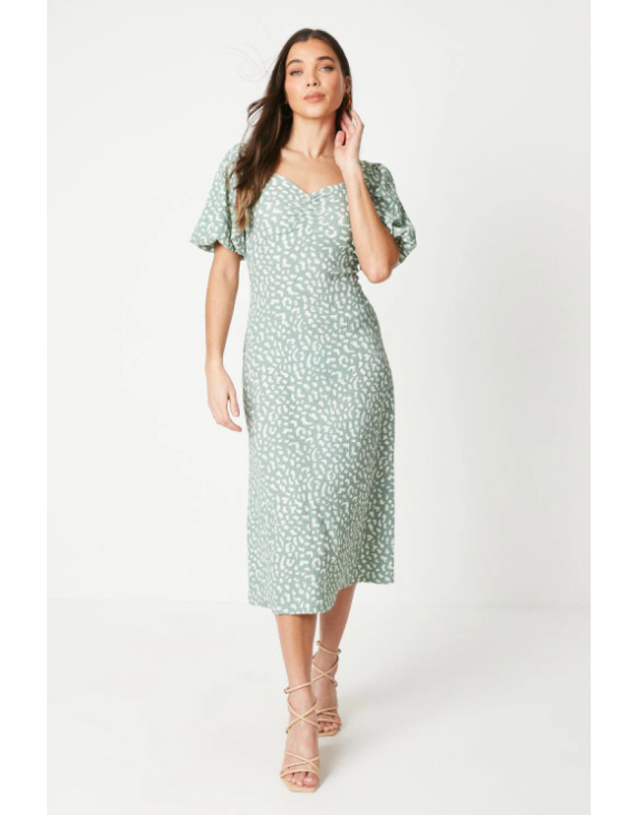 Petite Green Animal Ruched Front Puff Sleeve Midi Dress