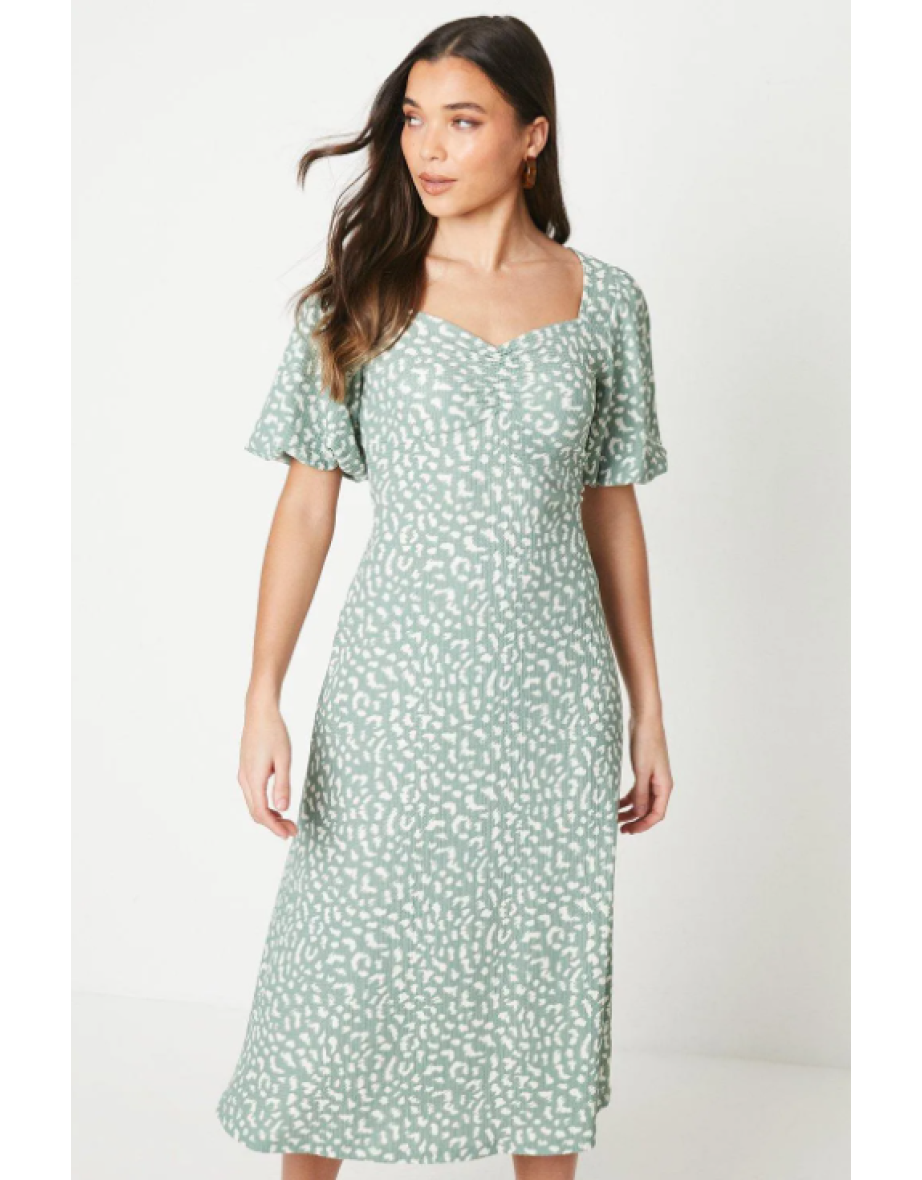 Petite Green Animal Ruched Front Puff Sleeve Midi Dress - 3