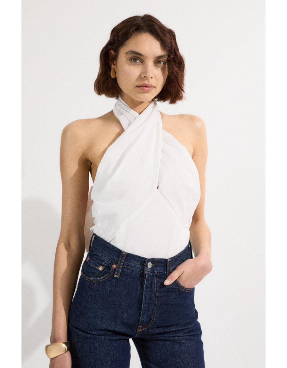 Cotton Poplin Cross Front Halter Neck Blouse With Bow Detail