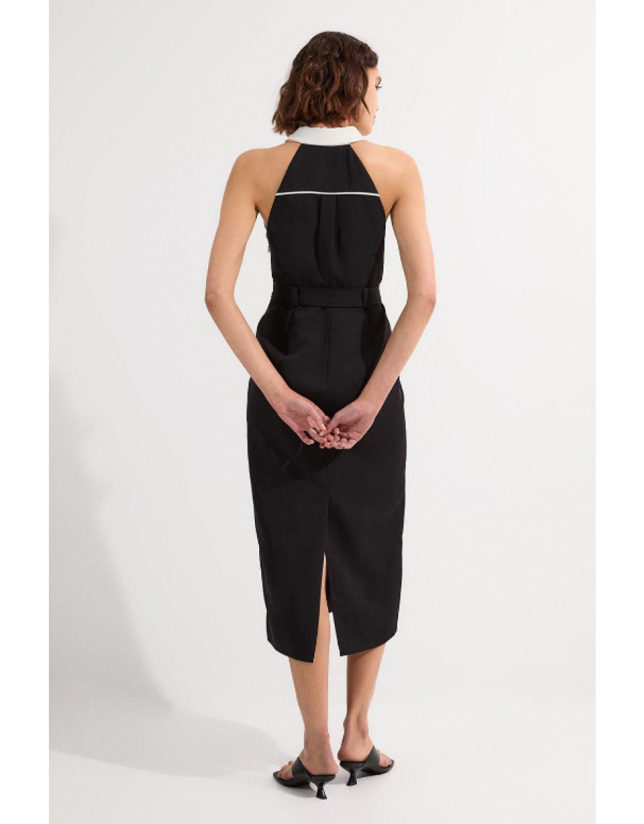 Twill Contrast Collar Woven Halter Neck Midi Dress - 3