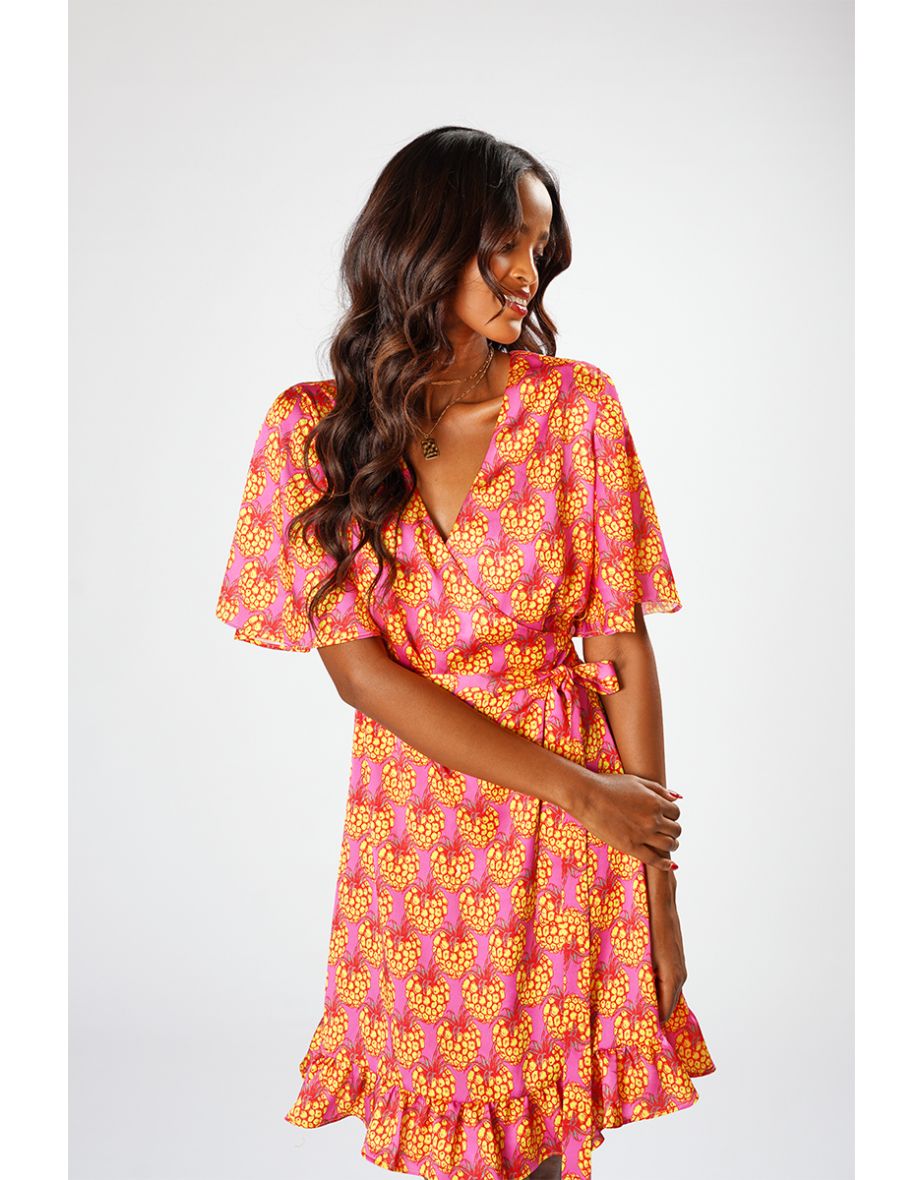 Shop Isaura A Line Mini Wrap Dress with Short Sleeves Online in Bahrain VogaCloset