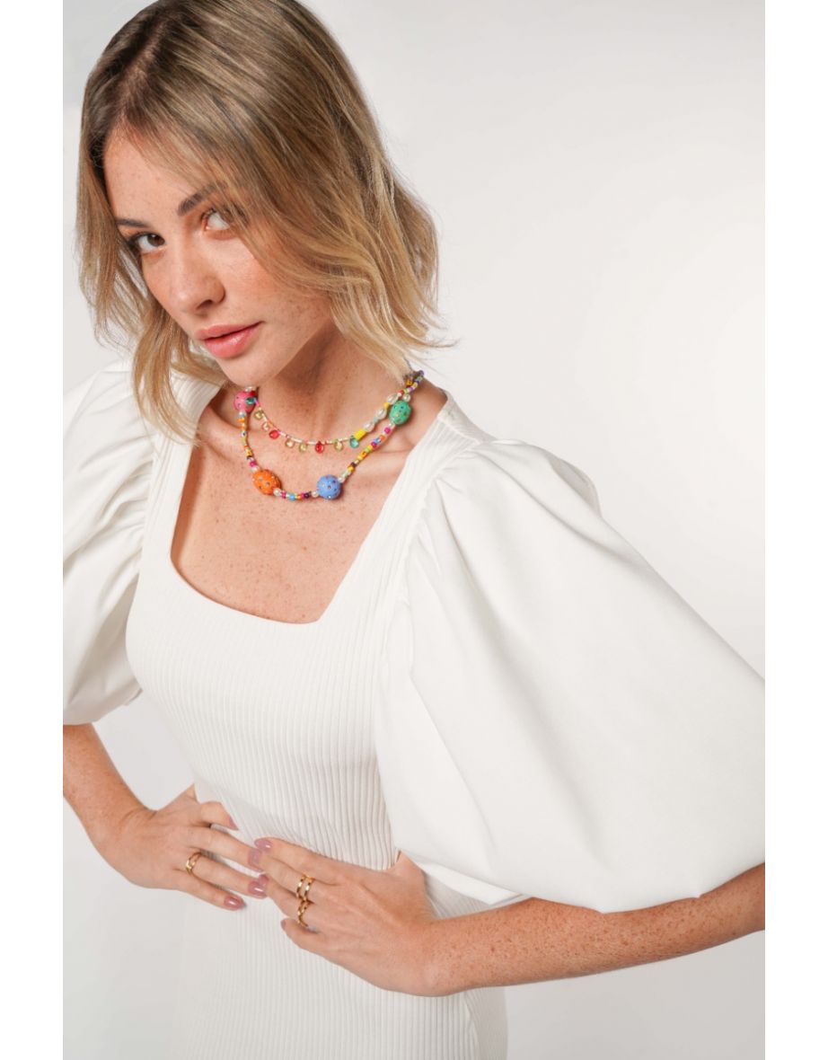 White Balloon Sleeve Midi Dress - 4