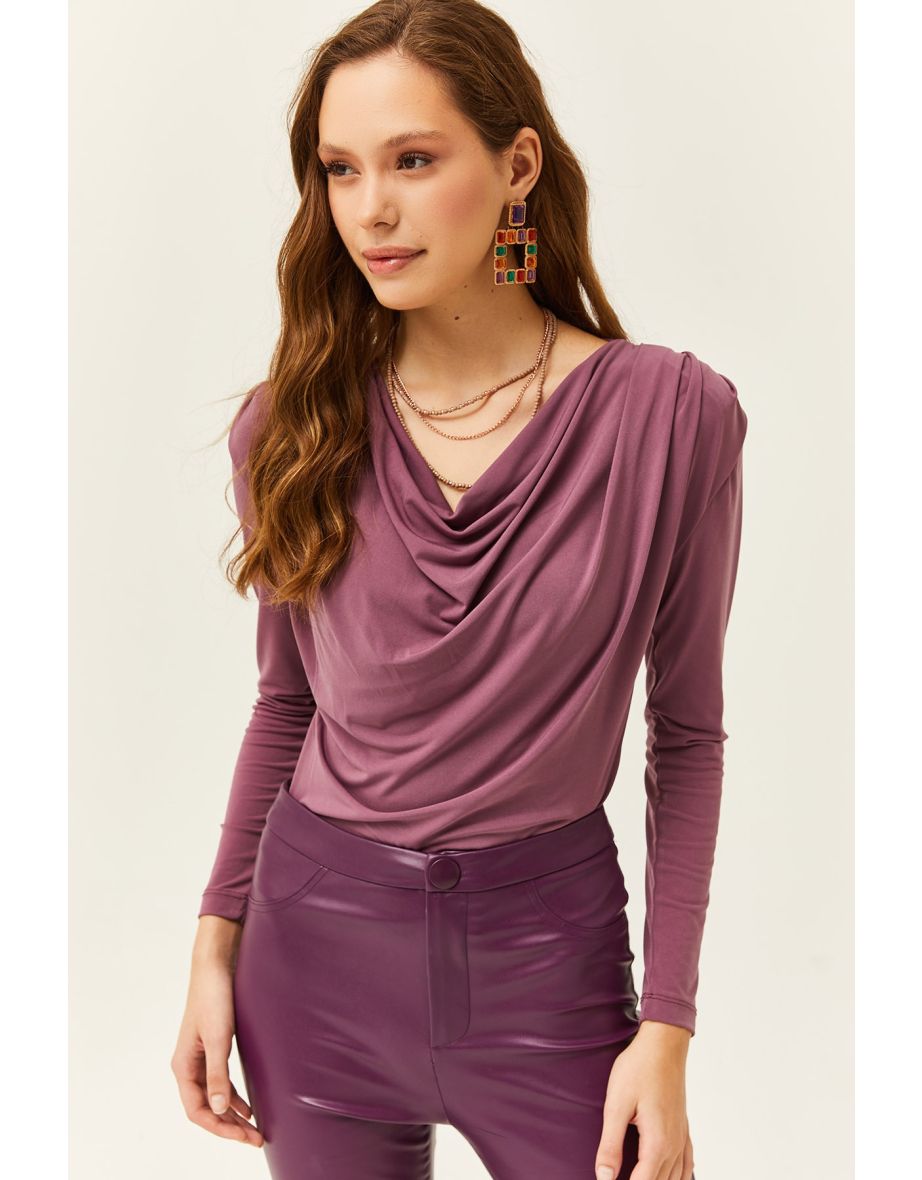 Women's Pale Pink Waistband Pleated Turndown Collar Blouse