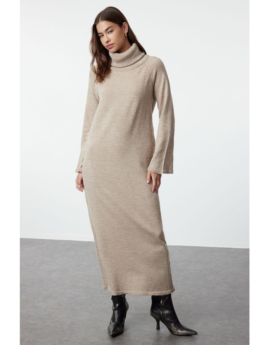 Light Brown Turtleneck Long Soft Textured Knitwear Dress