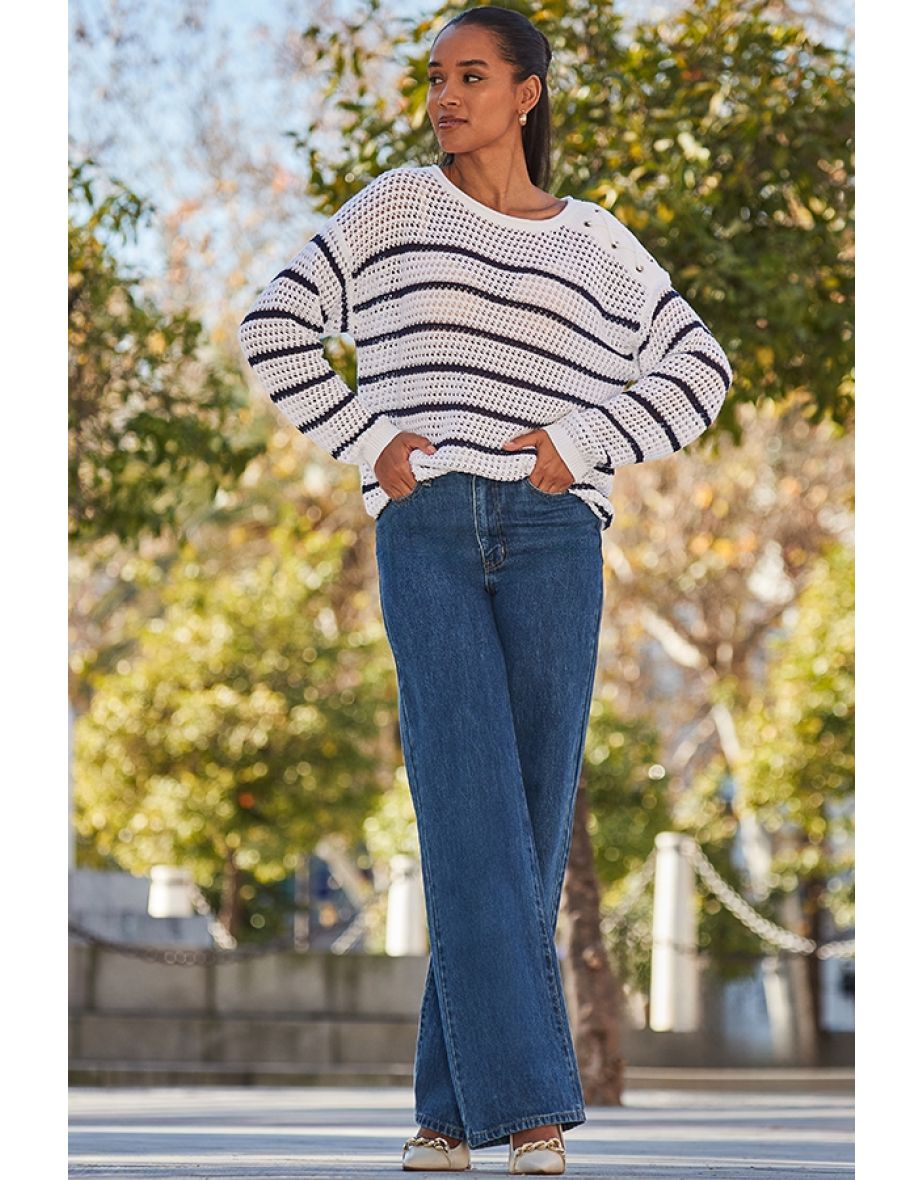 White & Navy Blue Stripe Crochet Jumper - 4