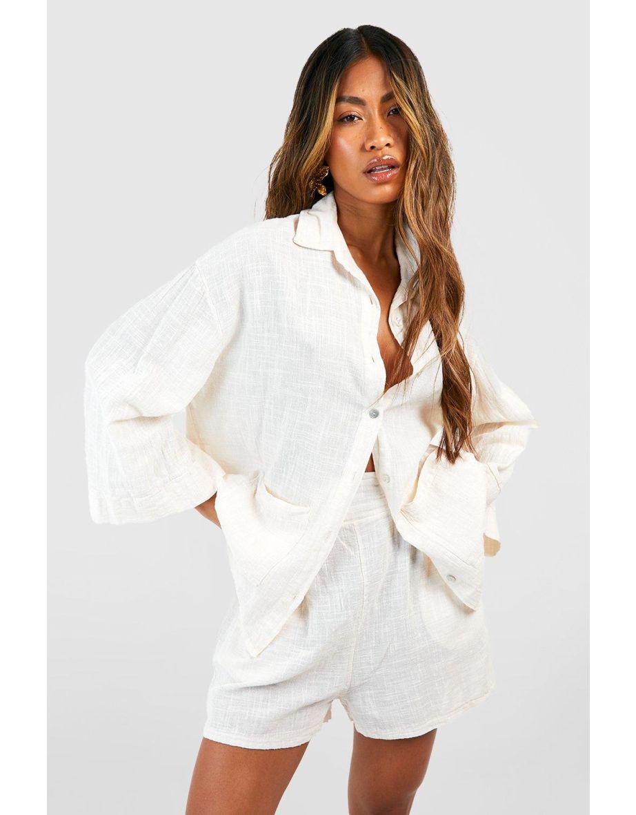 Textured Lightweight Cotton Oversized Shirt - cream - 3