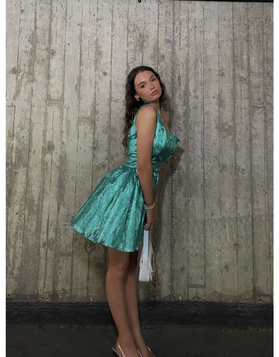 Kendra Asymmetric Gathered Mini Dress -Emerald-Green - 2