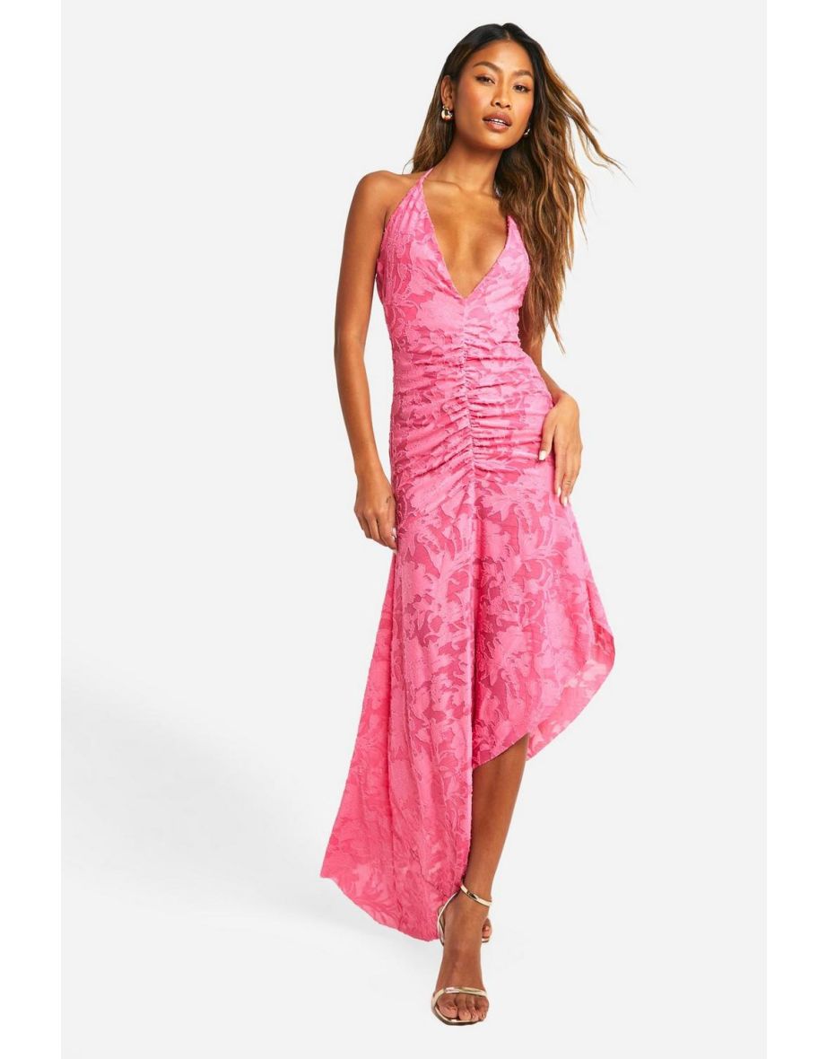 Shop Burnout Floral Ruched Front Maxi Dress hot pink Online in Qatar VogaCloset