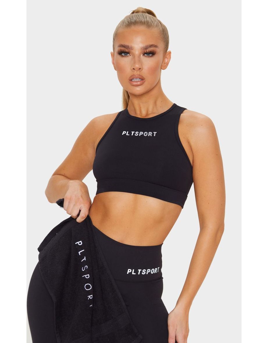 PRETTYLITTLETHING Black Sculpt Luxe Racer Neck Sports Top