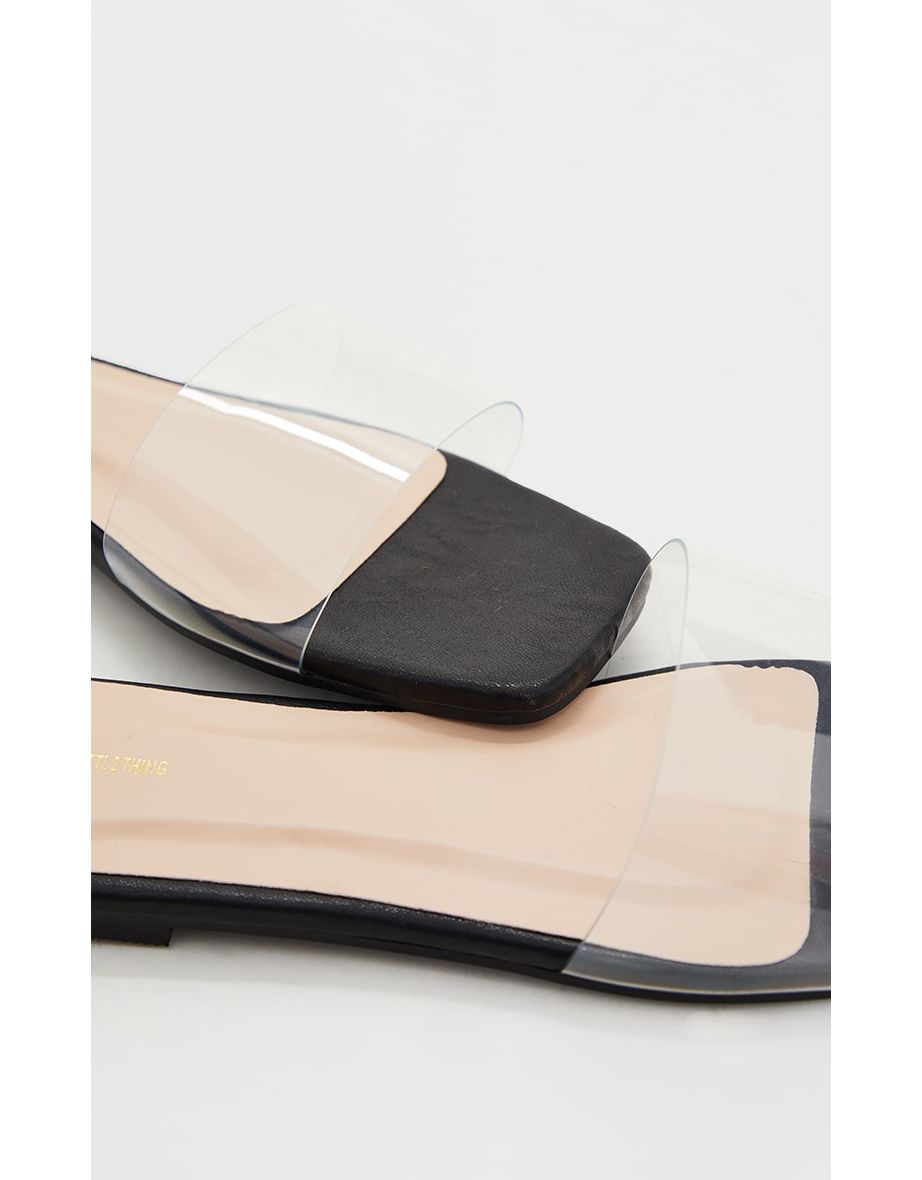 Black WIDE FIT PU Clear Strap Mule Sandals - 3