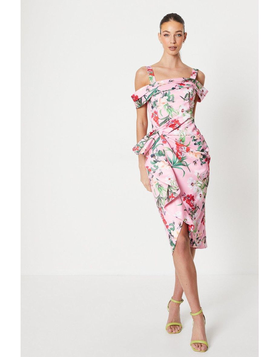 Floral Satin Ruched Pencil Dress