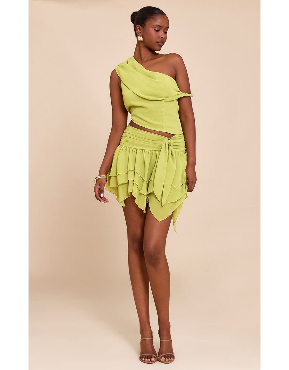 Green Drape Detail Asymmetric Chiffon Top