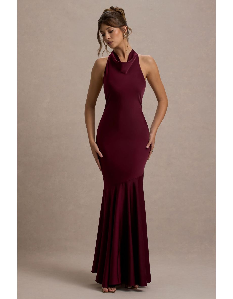 Amelita | Port Satin Cowl-Neck Fishtail Maxi Dress