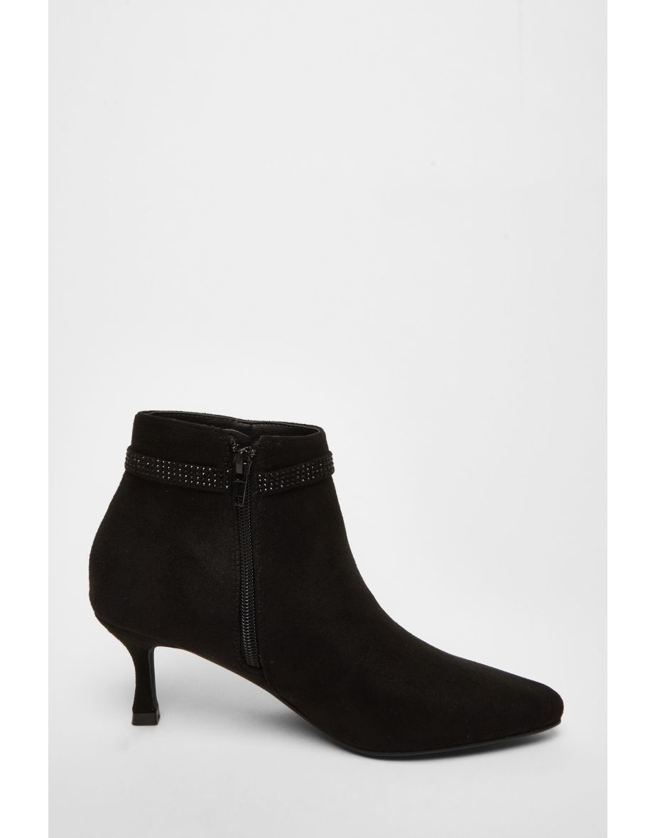 Black Faux Suede Diamante Bow Ankle Boot - 4