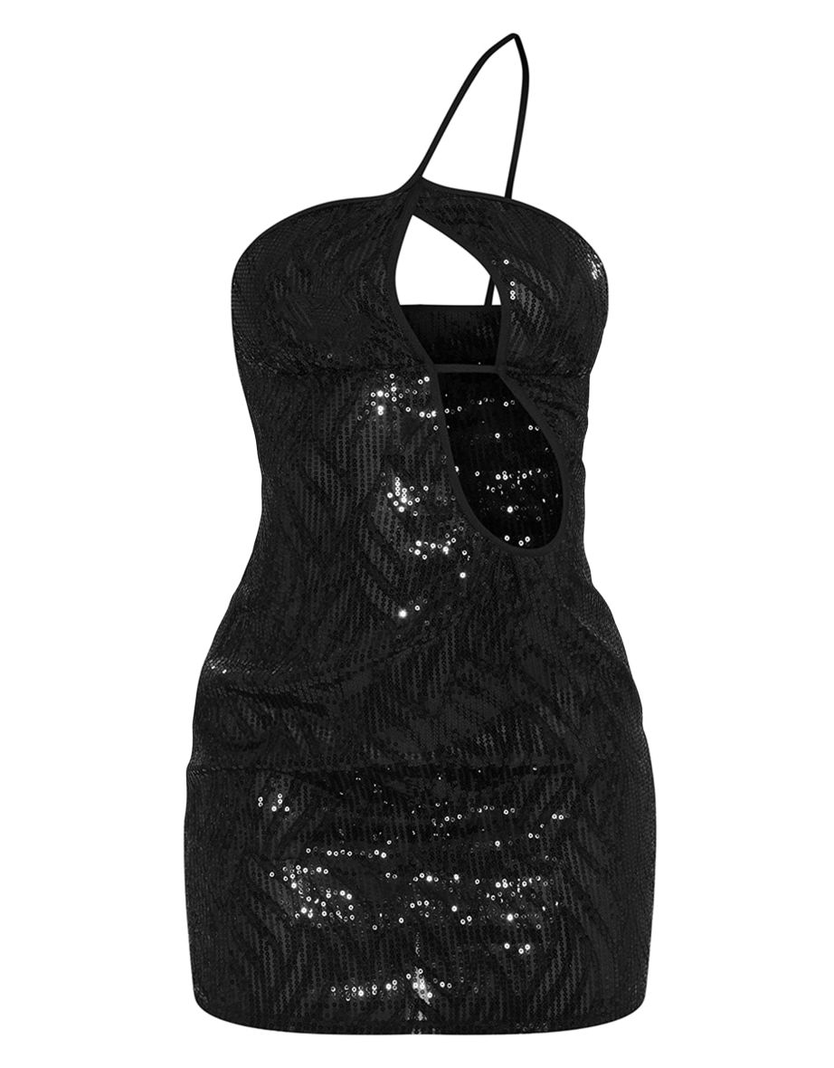 Black Sequin One Strap Cut Out Chest Bodycon Dress - 4